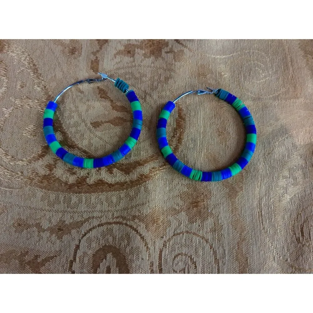 OOAK Handmade Blue Green Heishi Hoop Earrings Y2K Rave Festival Teal Cobalt